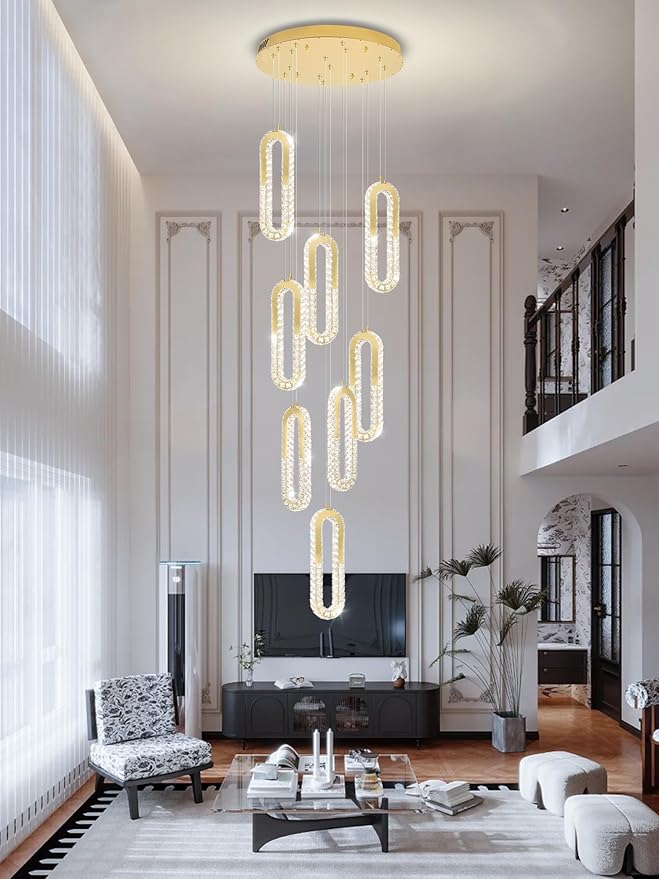8 Rings Crystal Chandelier,H118 Modern Gold Pendant Light Luxury Foyer Lighting Fixture High Ceiling Chandelier for Entryway,Staircase,Living Room,Villa LED Dimmable 2700K-6000K