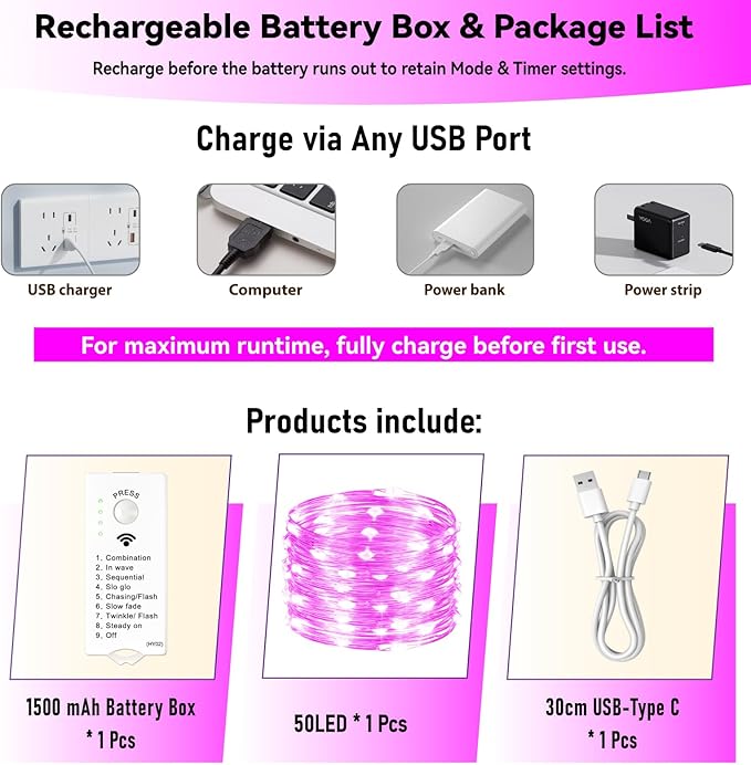 ZSJWL Rechargeable Fairy Lights with DIY Timer & 8 Modes, 16FT 50LED String Lights Battery Operated Indoor, Twinkle mini Lights for Bedroom Christmas Wedding Centerpiece Decor (Pink)