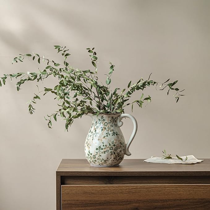 Green and White Vintage Vase with Handle, Chinoiserie Floral Pitcher Vase, Rustic Ceramic Farmhouse Vases for Home Decor, Living Room, Bookshelf, Office, Grand Millennial Decors, Tuscan Decor 7.9 Inch