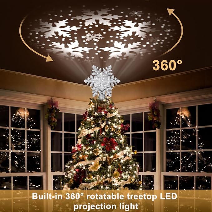 Christmas Tree Topper Lighted with 6 Projected Patterns, Christmas Star Tree Topper Built-in LED Rotating Lights, 3D Glitter Projector for Party Holiday Xmas Decorations Gifts (Snowflake)