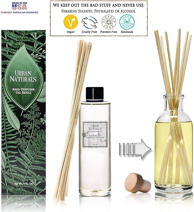 Urban Naturals Mahogany Vanilla Woods Scented Oil Reed Diffuser Refill with Free Set of Reed Sticks. Fresh Mahogany, Smoked Vanilla and Clean Lavender Scent Notes for a Clean Smelling Home, 4 oz