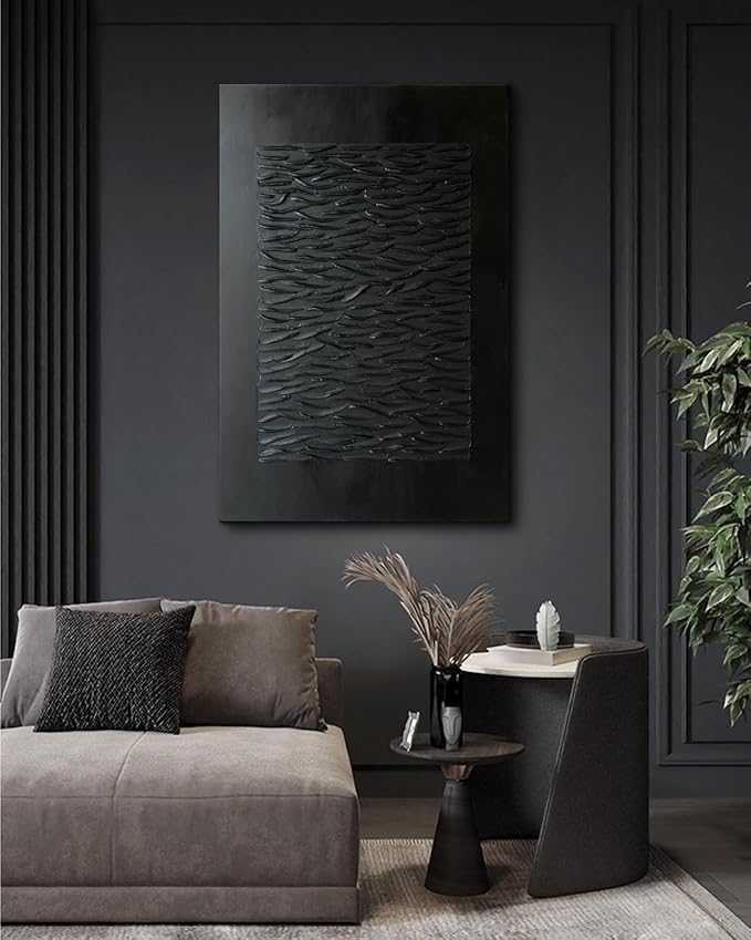Creespi Hand Painted Black Abstract Wall Art 30x45 inches,Modern Minimalist Textured Canvas Oil Painting for Home Wall Décor