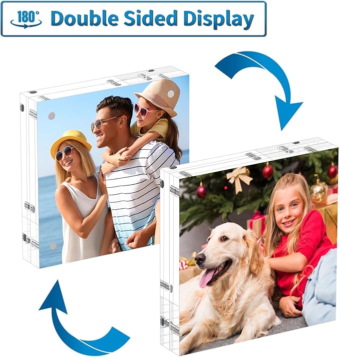 AITEE 5x5 Acrylic Picture Frames 3 Pack, 20% Thicker Block, Clear Picture Frames Freestanding Double Sided Magnetic Acrylic Lucite Frameless Transparent Square Frame Gift for Desktop Display