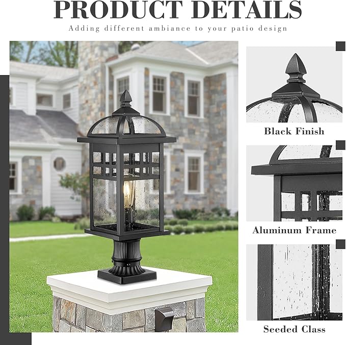 Emliviar 22" Outdoor Post Light, Large Exterior Post Lamp for Garden Backyard, Die-cast Aluminum with Seeded Glass, Black Finish, DE281P-M BK
