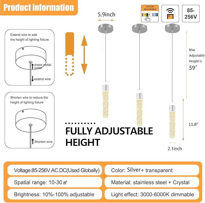 Modern LED Chrome Crystal Pendant Light Kitchen Island, Bedroom Bedside Hanging Ceiling Lamp with Crystal Bubble Column, Dimmable 3000k-6000k 1-Light Independent