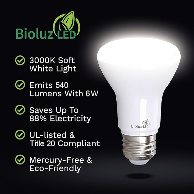 Bioluz LED Light Bulb BR20 Light Bulbs 3000K Bright Soft White LED Bulbs 6W=50W Replacement 90 CRI 540 Lumen Indoor/Outdoor UL Listed CEC Title 20 Compliant Home Decor LED Lights for Bedroom - 20 Pack
