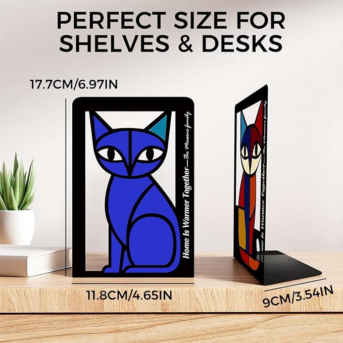 Metal Cat Bookends Set of 2 – Decorative Cat Metal Book Ends for Shelves, The Mewsons Family Collection, Modern Cat Bookends for Living Room, Office & Bedroom