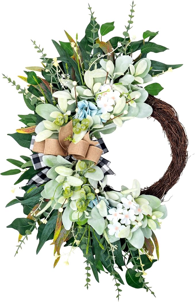 Front Door Wreaths for All Seasons Outdoor Indoor, 20'' Green Artificial Half Moon Wreath with Lambs Ear Eucalyptus Bow, Spring Summer Farmhous Porch Decor