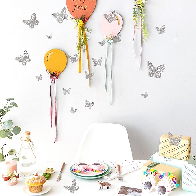 144 Pcs 3D Butterfly Wall Stickers Decor 6 Styles 3 Sizes, Silver Removable Butterfly Decals Room Wall Decor for Kids Nursery Classroom, Wedding, Party, Baby Shower