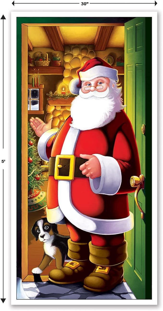 Beistle Santa Claus Door Covers, 5’ x 30”, 2 Pieces – Plastic for Indoor & Outdoor Use, St Nick Print – Easily Display – Christmas Party Decorations & Holiday Decor