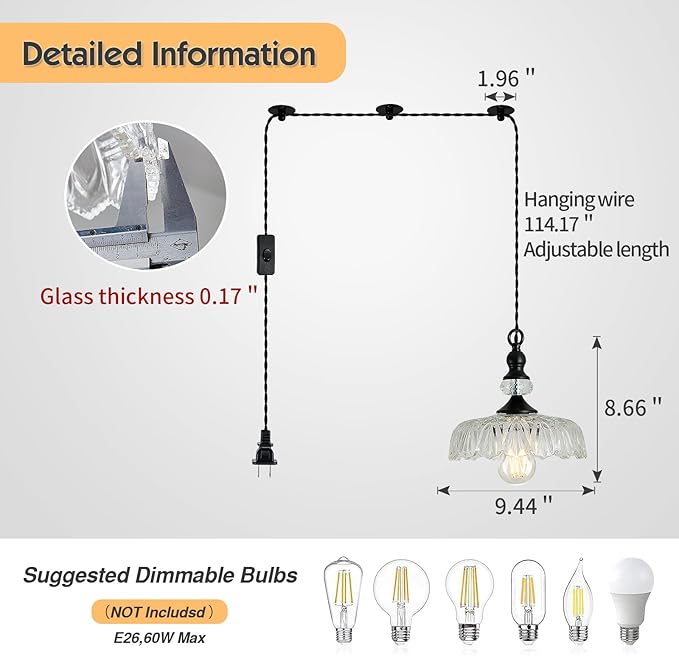 CVKASH Plug in Glass Pendant Light Fixture Black Vintage Adjustable Chandelier Hanging Ceiling Light for Farmhouse Hallway Bedroom Foyer Kitcken Dining Room Island.