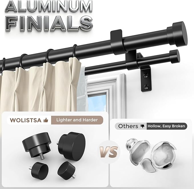 Double Curtain Rod, 1 Inch Black Long Dual Curtain Rods 84 to 120 Inch with Aluminium Modern End Cap Finial, Adjustable Heavy Duty Window Treatment Rods, Telescopic Metal Double Drapery Pole Set