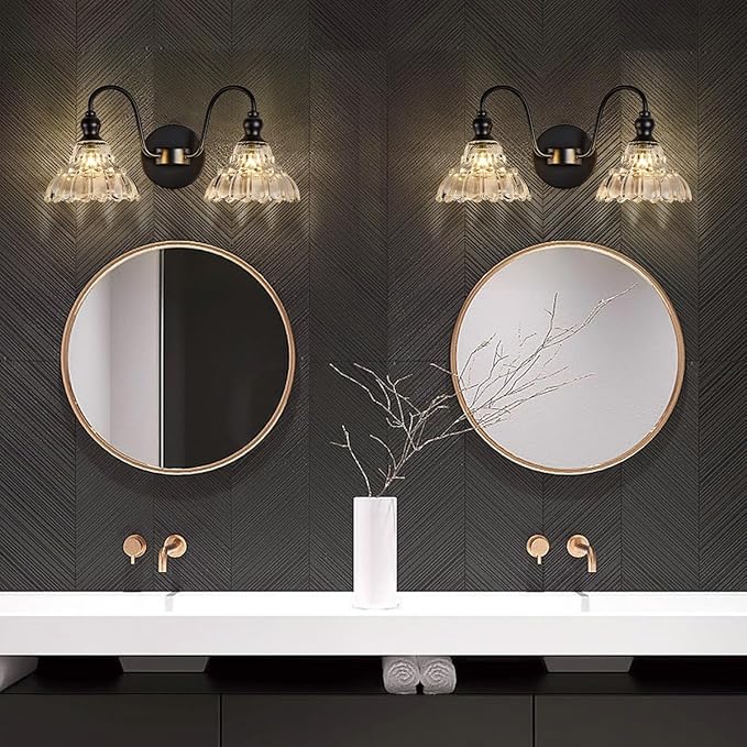 2-Light Modern Wall Sconce Black Wall Light Fixtures Made of Metal Body and Pressed Patterned Glass with Unique Design Vanity Light for Bedroom, Bathroom, Doorway, Farmhouse
