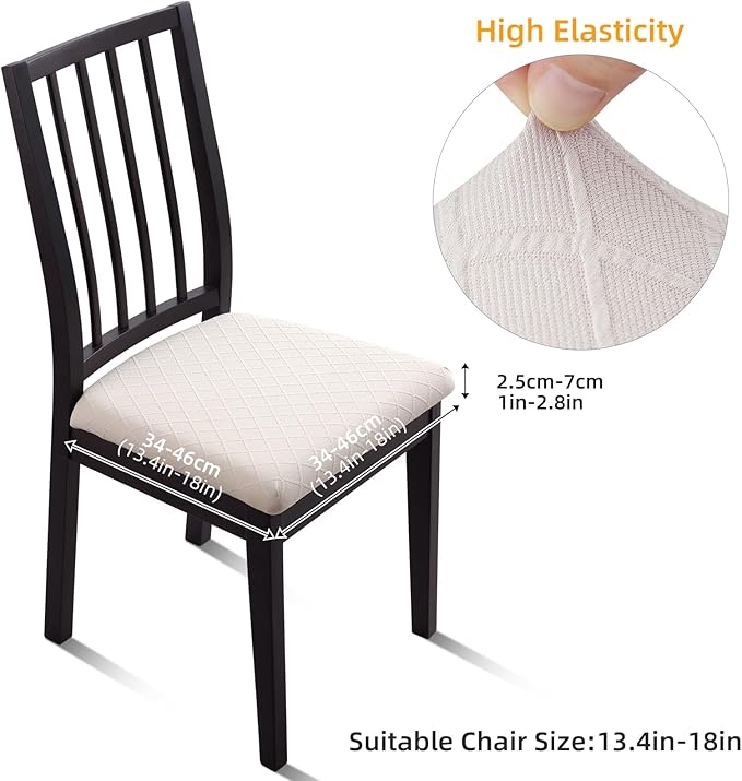 Fuloon Waterproof Seat Cushion Covers 4 PCS, Stretch Jacquard Chair Seat Covers Washable Dining Room Chair Slipcovers Removable Kitchen Cushion Protector (4, Waterproof-Pale Beige)
