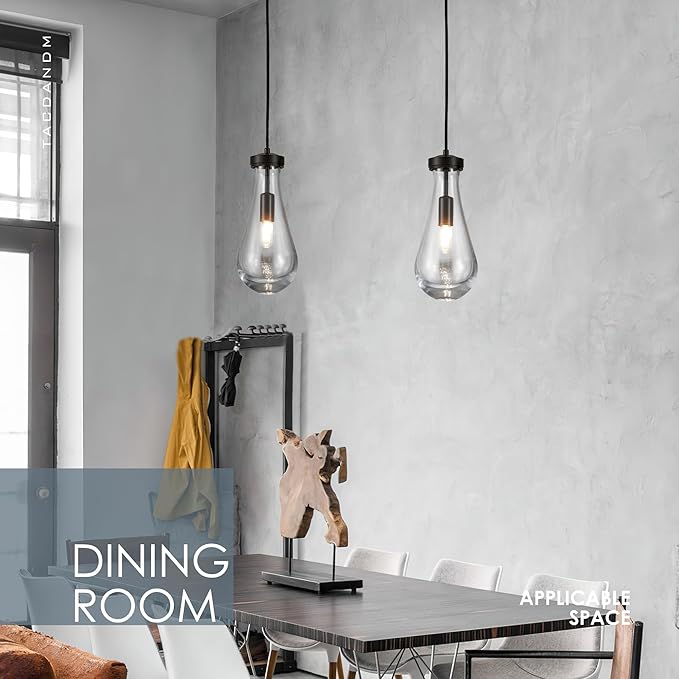 Raindrop Pendant Light Fixtures Set of 3, Black Glass Pendant Lighting, Hand BlownTeardrops Modern Hanging Light for Entryway Foyer Kitchen Island Dining Living Room Hallway