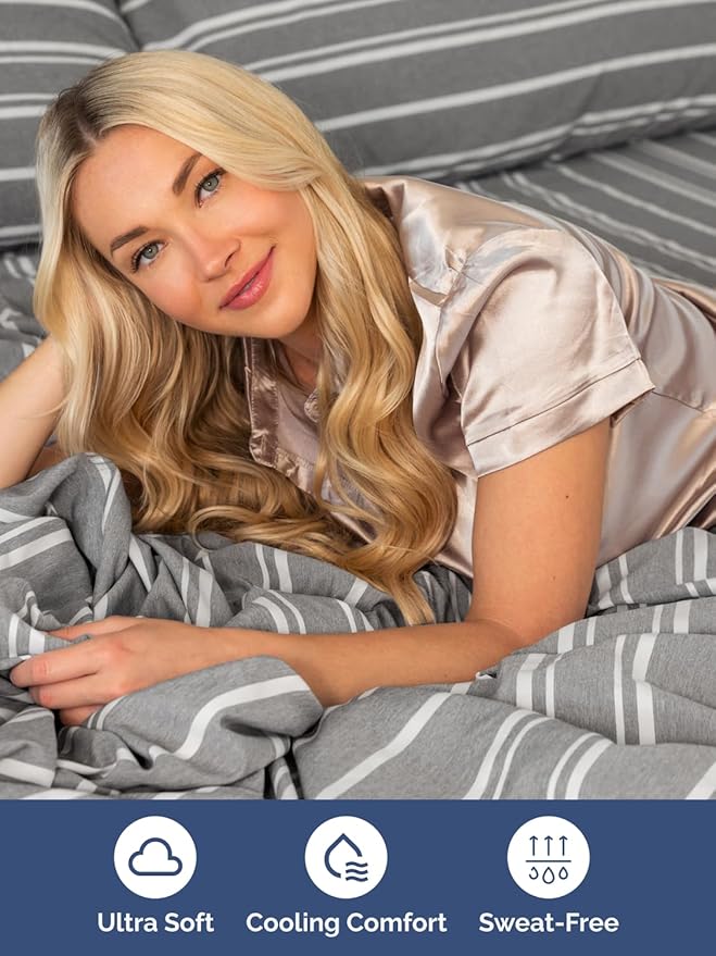 Extra Deep Split King Sheet Set - 7 Piece Breathable & Cooling Sheets - Hotel Luxury Bed Sheets Set - Easy Fit - Soft, Wrinkle Free & Comfy Sheets Set - Grey Striped Sheet Set w/Extra Deep Pockets