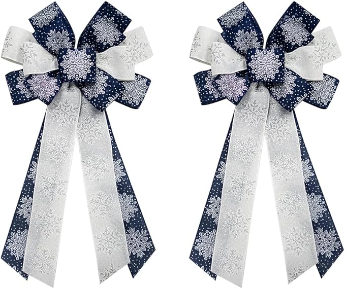 2PCS Christmas Wreath Bows Christmas Decor Bows Navy Blue Snowflake Ribbon Bows for Wreath, Christmas Tree Topper Bows for Christmas Party Decoration Home Indoor Outdoor Xmas Wreath Ornament Supplies