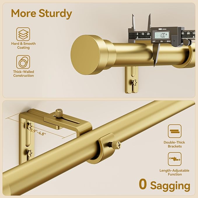 YaFex Curtain Rods 2 Pack 32-144 Inch, Heavy Duty 1 Inch Curtain Rod, Gold Extra Long Adjustable Window Treatment Rods, Modern Design, Easy Installation