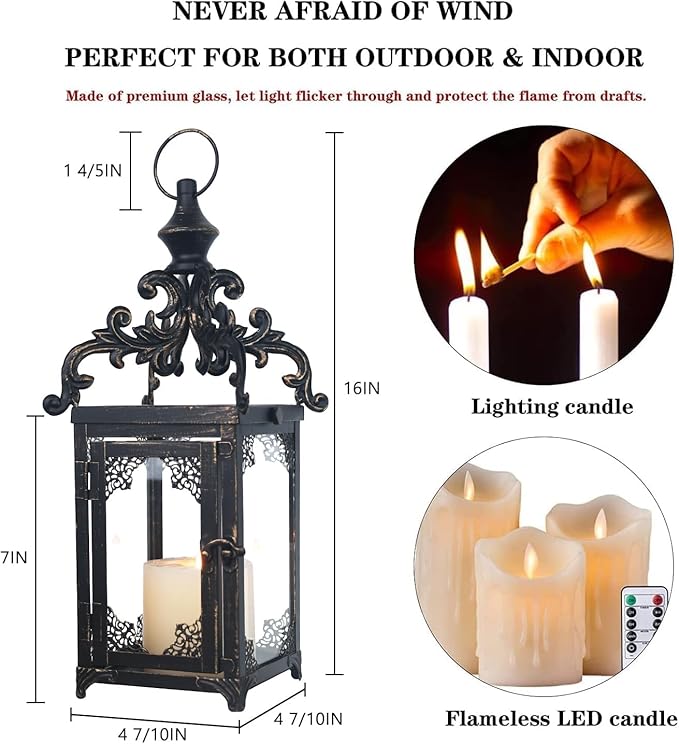 DECORKEY Candle Lantern Decorative Indoor & Outdoor, Large Vintage Metal Hanging/Tabletop Lanterns for Patio, Front Porch, Rustic Home Decor, Candle Holders for Christmas Decorations (Bronze)