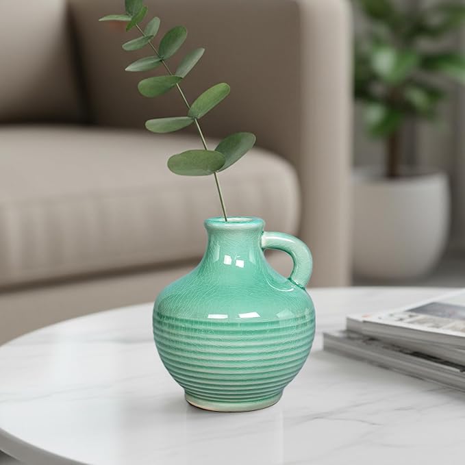 Sunddo Green Ceramic Vase 6 Inch - Small Decorative Vases with 1 Handle, Textured Modern Vase for Home Decor, Bathroom, Bedroom, Living Room, Centerpiece, Table Decor