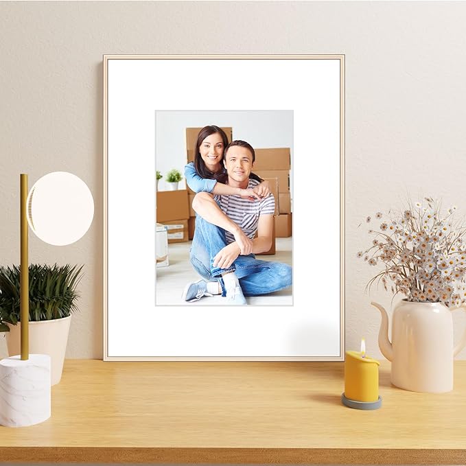 8.5x11 Picture Frame Set of 3, Brass Modern Thin Aluminum Metal Photo Frame with HD Glass, Fits 5x7 with Mat or 8.5 x 11 without Mat, for Tabletop and Wall Mounting