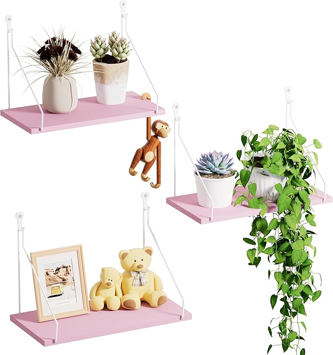 Elevate Your Space with Rustic Wood Floating Shelves Set of 3- Perfect for Bedroom, Living Room, Bathroom, and Kitchen Decor - Easy Installation, No Drilling Needed!