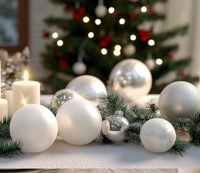AMS 34ct Christmas Ball Mini Ornaments Party Decorations Shatterproof Festival Pendant Hangings for Xmas Tree Decor(1.57''/40mm, White)
