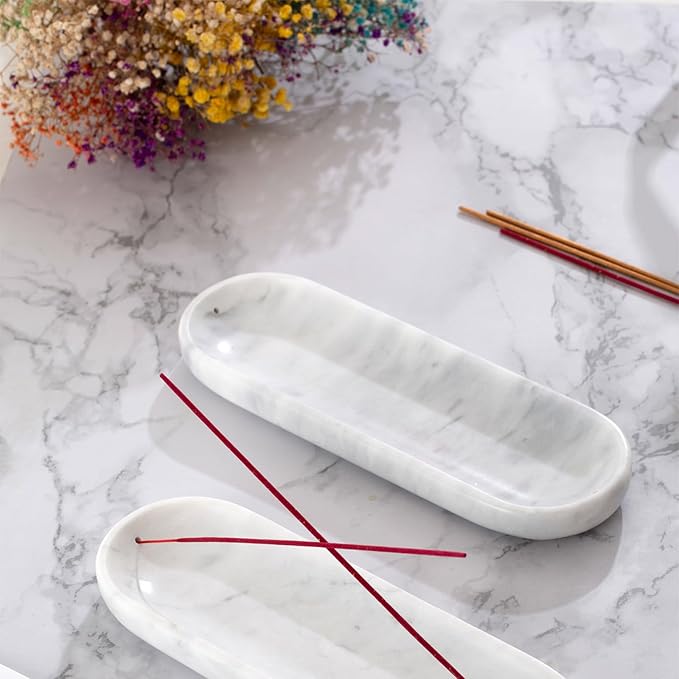 Incense Holder, Natural Marble Incense Burner, Incense Stick Holder for Meditation, insence-Sticks Holder, 10.6inch Ash Catcher (White)