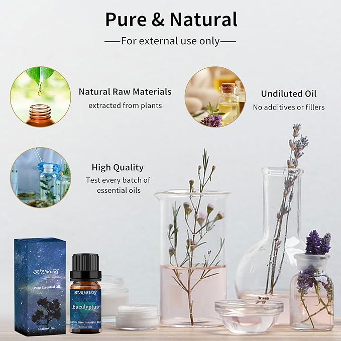 BURIBURI Eucalyptus Oil and Lavender Essential Oil Set 2 Pack, 100% Pure Diffuser Oil Eucalyptus Essential Oil for Massage, Soap Making