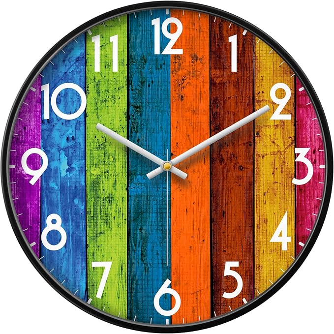 Silent Non-Ticking Wall Clock Colorful Multicolour Analog Large Display Mid Century Modern Battery Operated Quiet Unique Clock Vintage Decor for Living Room Garage Kitchen Kids Room Bathroom 12inch
