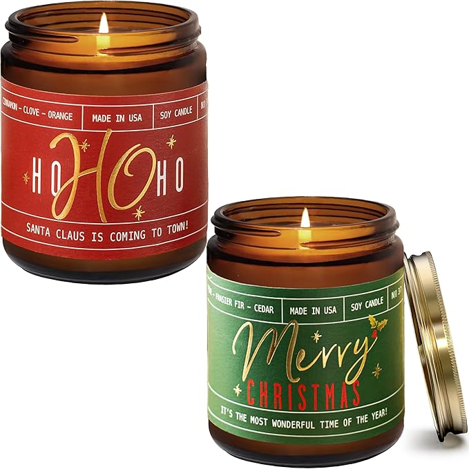 Christmas Candles for Holiday Set of 2 - 'Ho Ho Ho' Christmas Scented Candles, w/Clove, Orange & Cinnamon Candle I Stocking Stuffers for Women I 9oz Reusable Jar, 50Hr Burn, USA Made