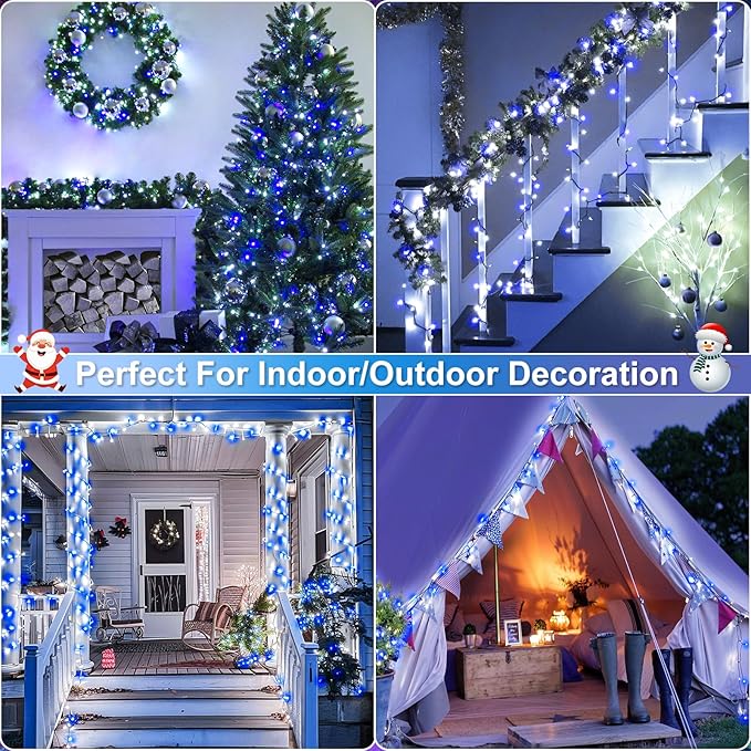 Blue and White Christmas Lights Outdoor, 100FT 300 LED Christmas Tree Lights with 8 Modes Waterproof, Connectable Green Wire String Twinkle Lights for Indoor Patio Garden Xmas Party Decorations