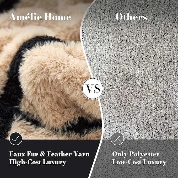 Amélie Home Cable Knit Throw Blanket for Couch, Bicolour Super Soft Fuzzy Blanket for Sofa, Luxury Cozy Fluffy Throw for Room Decor, 50" x 60", Plaid Black