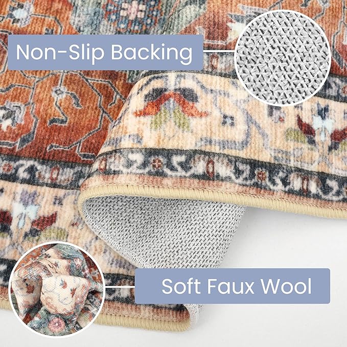 KOZYFLY Runners for Hallways 2x8 Ft Washable Kitchen Runner Rug Boho Runner Rug for Entryway Indoor Rust/Orange/Blue Printed Oriental Faux Wool Floor Carpet Runner for Bedroom Kitchen Hall