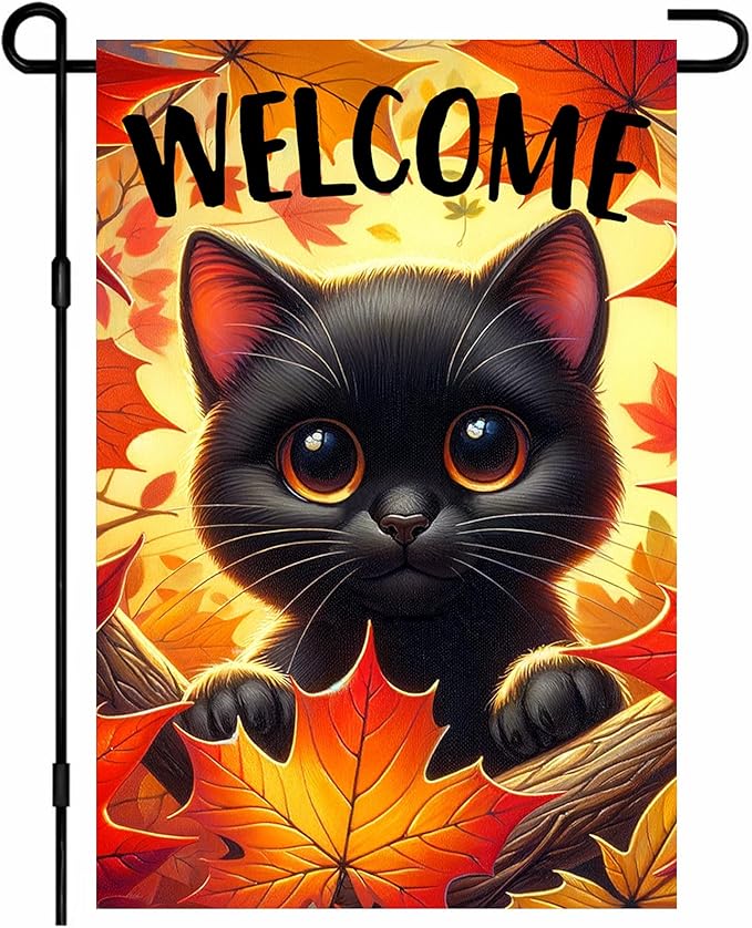 Halloween Outdoor Garden Flag 12x18 Inch Black Cat Ghost and Pumpkin Set Illustration Double Sided Fall Everyday Flag for Cute Halloween Yard Display Outdoor Yard Porch Decoration