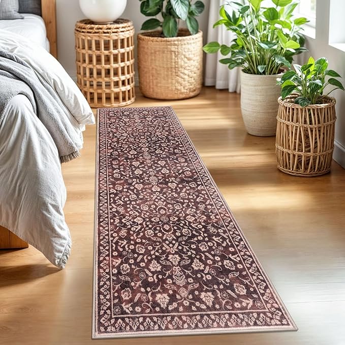 Vintage 2x7 Runner Rug, Burgundy Washable Runners for hallways, Super Soft Kitchen Runner Rug Non Slip, Print Faux Wool Floral Thin Carpet Runner for Entryway Indoor Bedside Runner