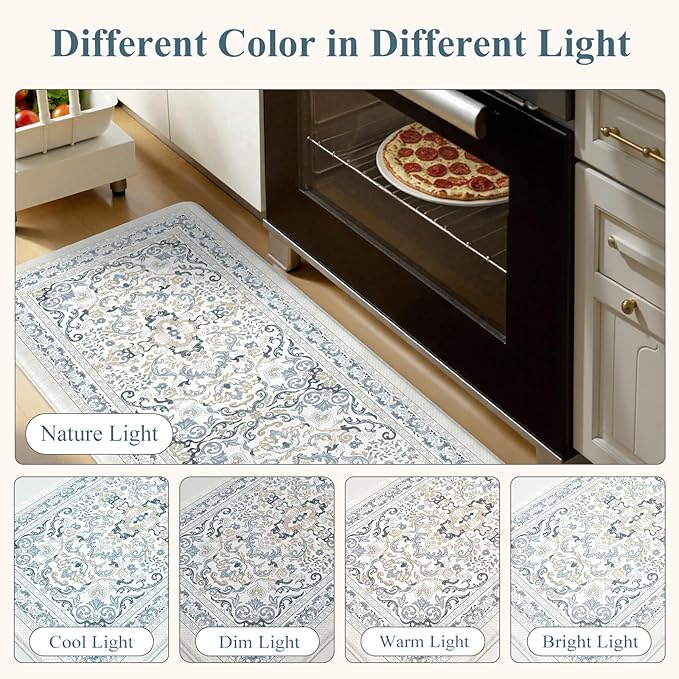 KIMODE Kitchen Floor Mats Cushioned Anti Fatigue,Boho Vintage Floral Rugs Sets of 2,Ergonomic Memory Foam Carpet Non Slip, Comfort Runner for Sink Laundry Office,Light Blue 17"x29.5"+17" x47”