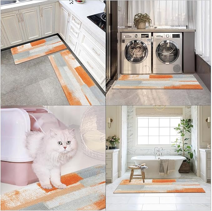 Arttown Orange Beige Vintage Anti-Fatigue Kitchen Rug Set of 2 Orange Grey Abstract Cushioned Floor Mat, Standing Waterproof Non-Slip Kitchen Mat PVC Ergonomic Comfort Foam Rug