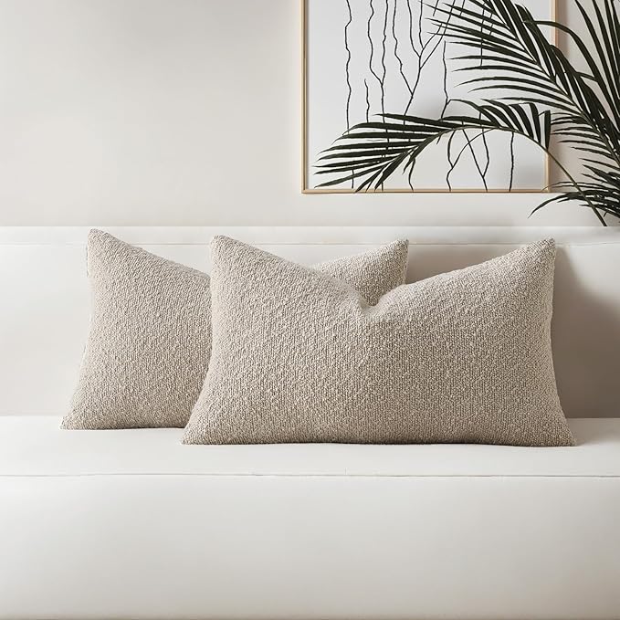 HAUSSY Set of 2 12x20 Decorative Throw Pillow Covers, Soft Cozy Textured Boucle Lumbar Pillow Cases, Home Decor for Couch Bed Living Room, Oatmeal