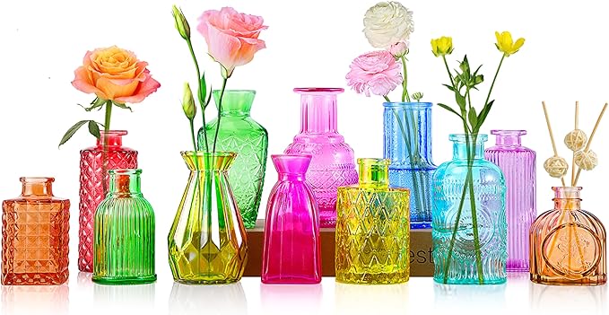 12 Pack Glass Bud Vases, Colorful Bud Vase Set, Colored Small Vases for Flowers, Mini Vintage Glass Flower Vase in Bulk for Centerpieces Wedding Home Office Table Party Decor