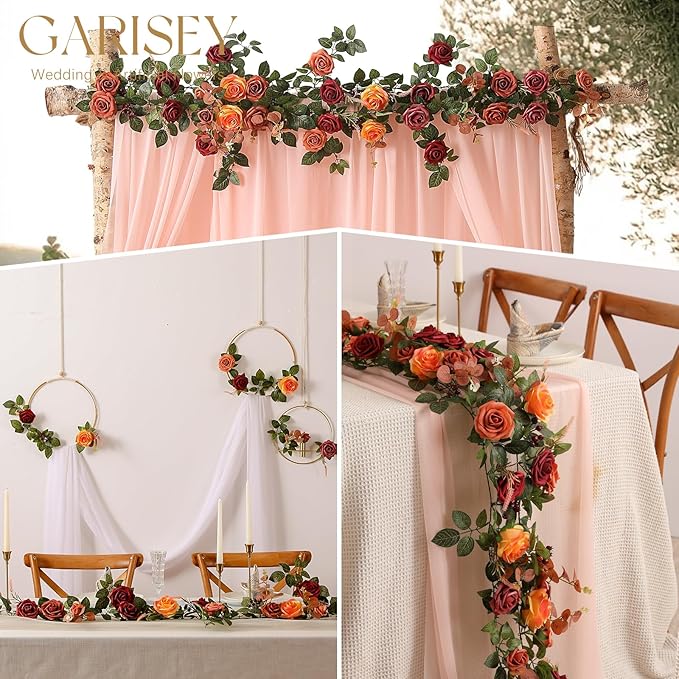 2Pcs Garisey 5FT Terracotta Artificial Flower Garland Fall Floral Garland Burnt Orange Arch Rose Vine for Wedding Ceremony Party Backdrop Decor Arch Flowers Mantel Table Centerpieces Decorations