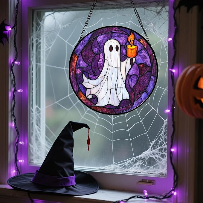 Stained Glass Window Hanging - Halloween Decorations Ghost Suncatcher for Doors Garden Indoor Spooky Funny Purple Sun Catchers Gothic Decor Horror Gifts for Women Men Friend 6.3 in