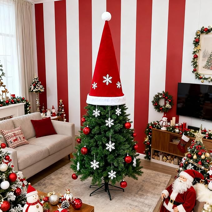 EssenceHome Giant Red White Snowflake Fabric Christmas Tree Topper Hat, Classic Indoor Outdoor Santa Hat Tree Decoration for Holiday Season, 2.4ft x 2.8ft