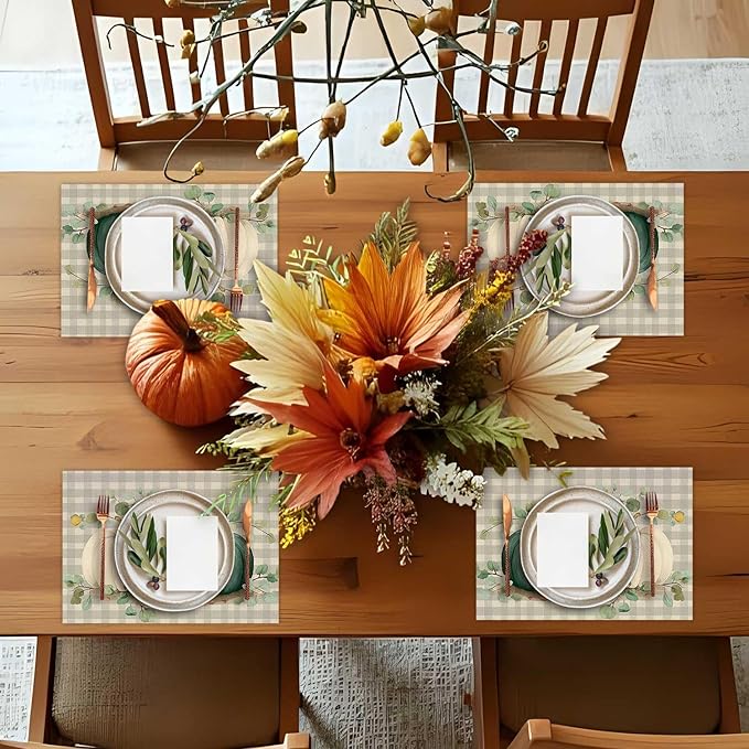 Double Side Set of 4 Buffalo Plaid Pumpkins Eucalyptus Leaves Fall Placemats Seasonal Maple Leaves Table Mats for Indoor Outdoor Home Party Dining Decor Burlap Table Mats 12x18 Inch #WP015