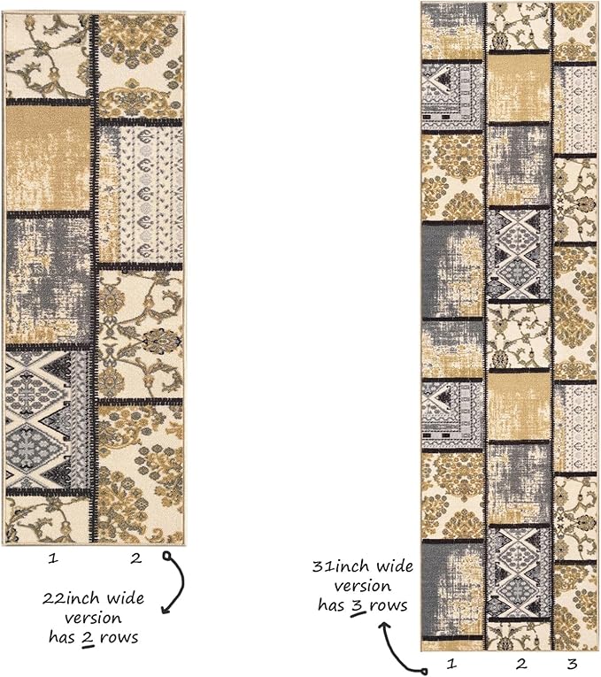 Custom Size Grey Ivory Fancy Patchwork Rubber Backed Non-Slip Hallway Stair Runner Rug Carpet 31 inch Wide Choose Your Length 31in X 20ft
