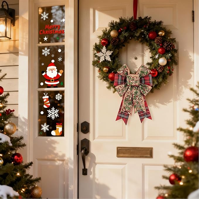 ALIBBON 2 Pcs Christmas Bows for Wreaths, Pine Cone Christmas Wreath Bows Red Buffalo Plaid Ribbon Bow for Front Door, Christmas Decorations, Xmas Tree Topper Bow for Indoor Outdoor Holiday Decor