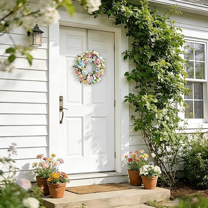 Artificial Wreath for Front Door, 16 Inch Spring Summer Wreath with Roses and Hydrangeas, Outdoor/Indoor All Season Home Decor, Farmhouse Wedding Wall Decor Gift