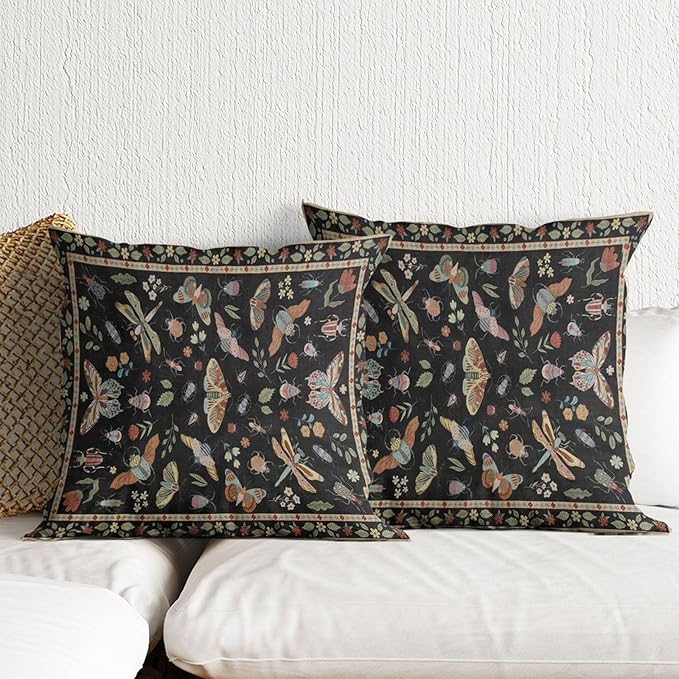 Boho Throw Pillow Covers 18x18 Inch Moody Floral Butterfly Throw Pillow Covers for Couch Vintage Black Decorative Pillowcases Rustic Botanical Insect Farmhouse Sofa Cushion Cover Sets of 2