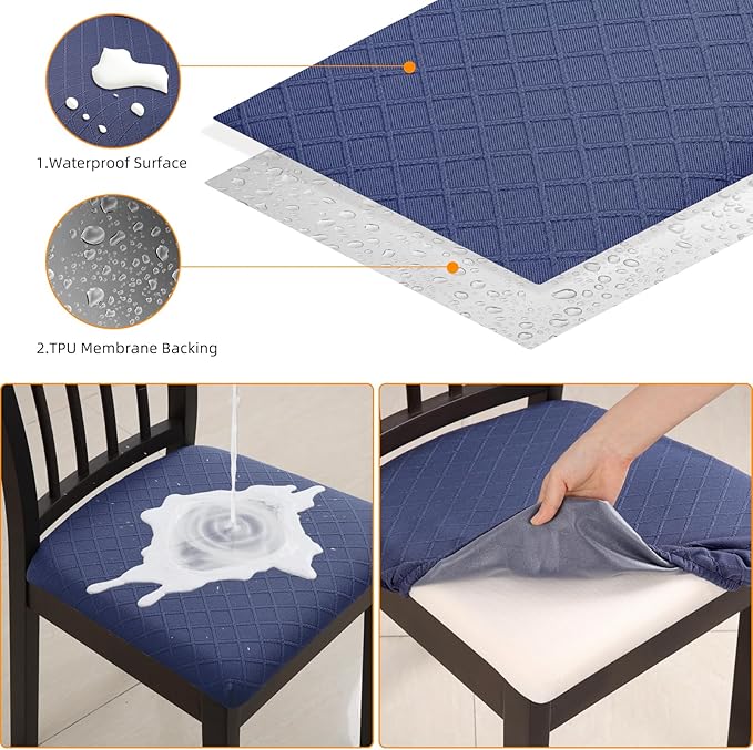 Fuloon Waterproof Seat Cushion Covers 4 PCS, Stretch Jacquard Chair Seat Covers Washable Dining Room Chair Slipcovers Removable Kitchen Cushion Protector (4, Waterproof-Navy Blue)