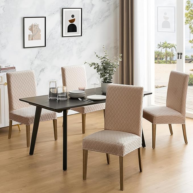 MOSAYT 100% Waterproof Dining Room Chair Covers Set of 6, Super Fit Stretch Jacquard Parson Chairs Slipcovers Removable Washable Chair Seat Protectors for Home, Kitchen, Banquet (Khaki)